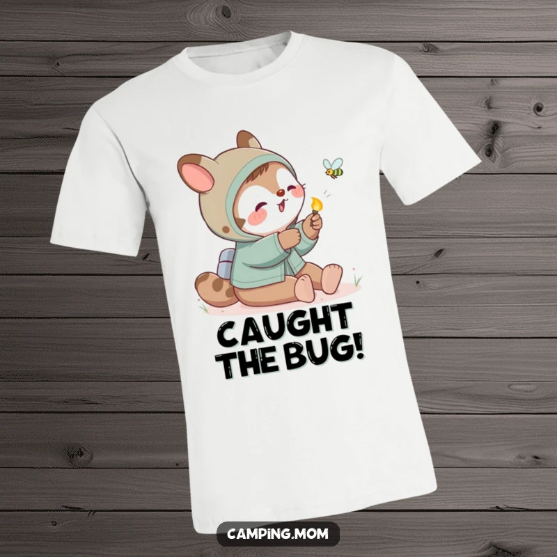 Funny camping mom animal reaching out to playfully swat a friendly, glowing firefly during a summer night.