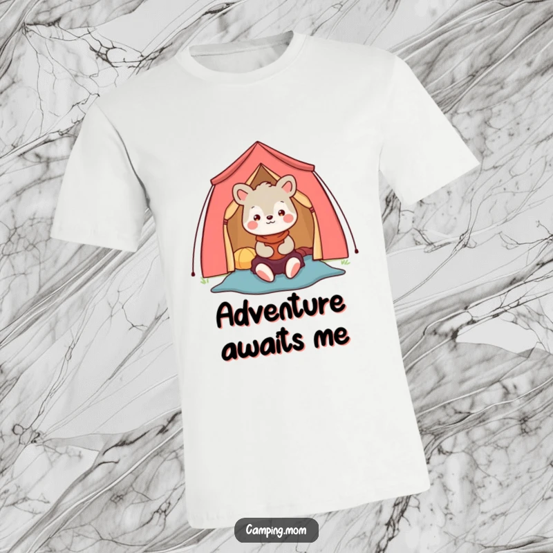 Funny camping mom animal character t-shirt depicts a happy mom setting up a colorful tent with enthusiasm.