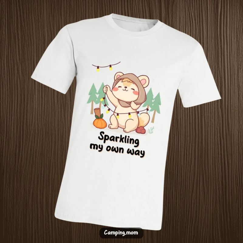 Funny camping mom t-shirt, an animal mom energetically setting up a string of twinkling fairy lights, bringing joy.