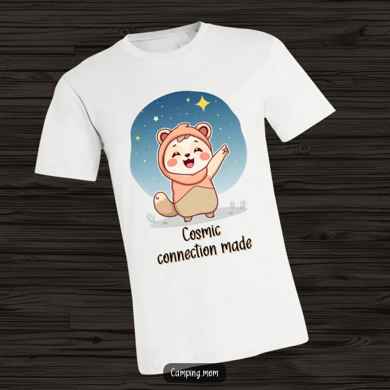 Funny camping mom t-shirt, an animal mom joyfully pointing at a beautiful, star-filled night sky, evoking awe.