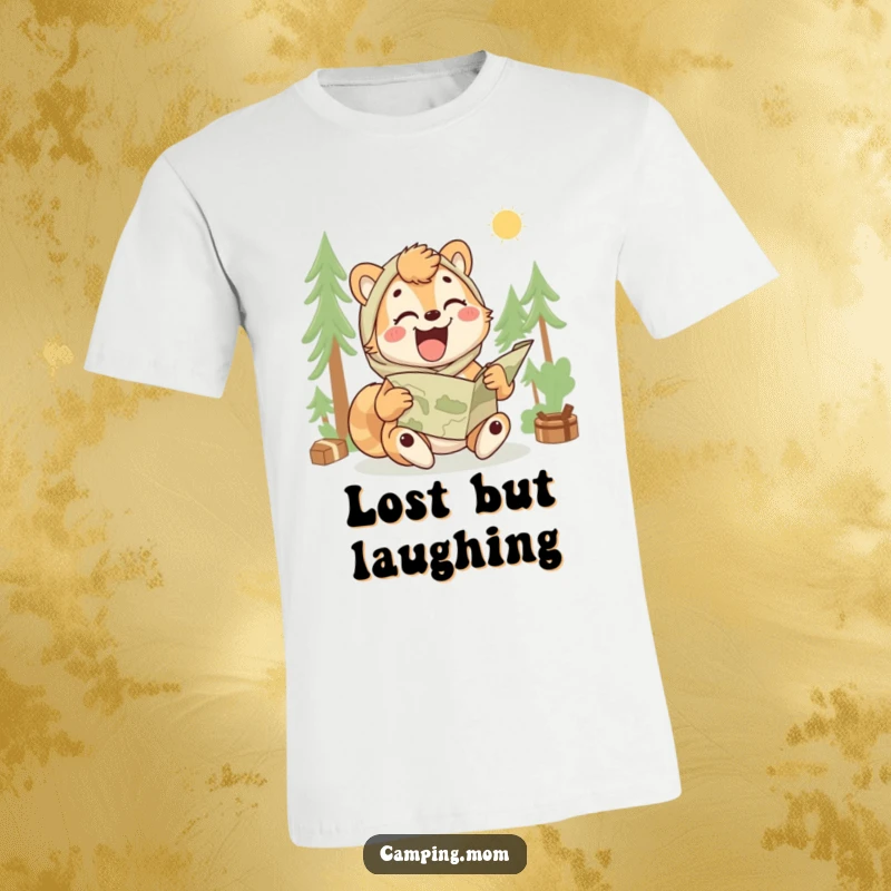 Funny camping mom t-shirt showing an animal laughing while trying to unfold a map, embracing adventure humor.