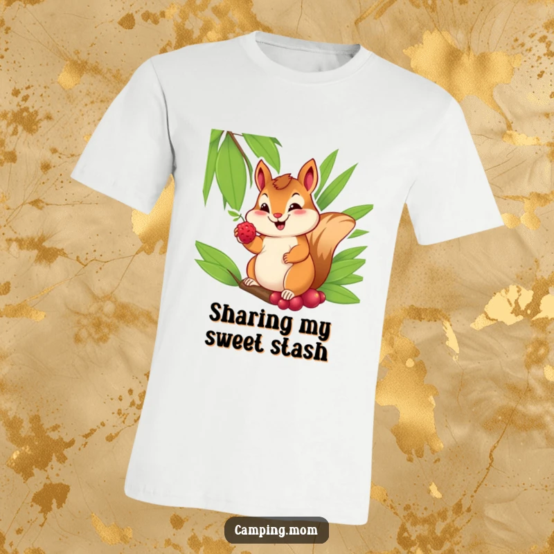 Funny t-shirt of a cheerful chipmunk with a sweet smile, offering a berry from its palm, exuding kindness and joy.