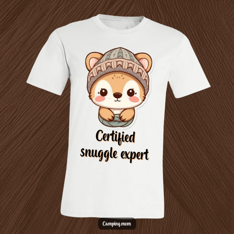 Funny animal illustration wearing a snugly knitted hat, radiating coziness, printed on a soft and humorous t-shirt.