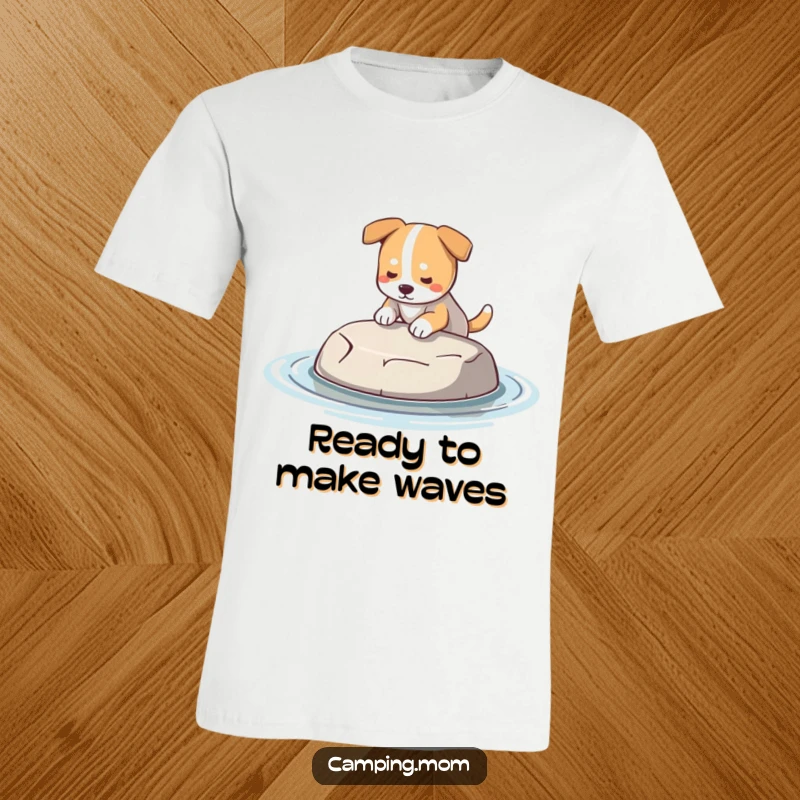 Funny Dog T-Shirt: A happy dog holds a perfect, smooth skipping stone, excited to make a splash in the water.