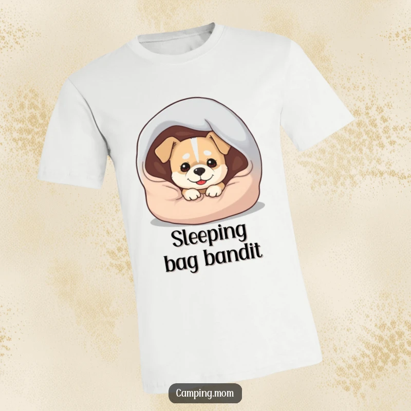 Funny Dog T-Shirt: A dog with a mischievous grin peeks out from beneath a sleeping bag, ready for fun.