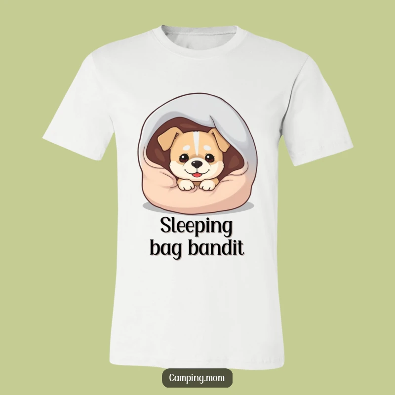 Funny Dog Sleeping Bag T-Shirt - Mischief Maker Design, Great Camping Gift