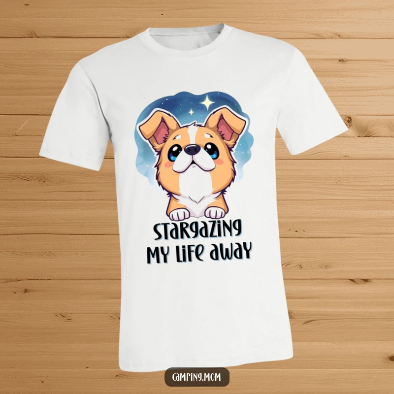Funny Dog T-Shirt: A captivating dog with sparkling eyes stares up at a vast, beautiful starry night sky, expressing wonder.