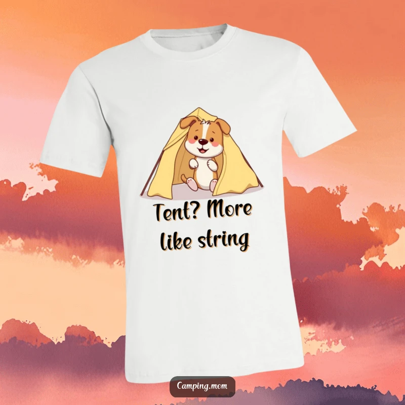 Funny Dog T-Shirt: A dog humorously attempts to assemble a tent, becoming comically entangled with its poles and fabric.