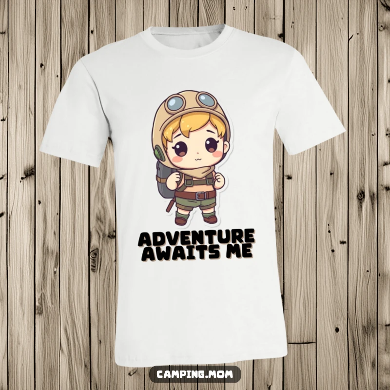Funny t-shirt displaying a character equipped with a backpack, poised for exploration and adventure with a funny, optimistic look. Ideal funny gift.