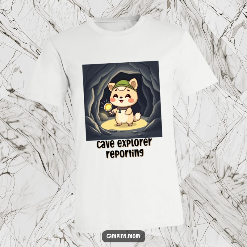 Funny camping animal t-shirt, giggling with a flashlight in hand, bravely exploring a dark, mysterious cave. Captures adventurous spirit.