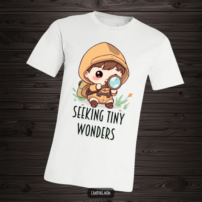 Funny T-Shirt: Kawaii camping character examining something closely with a magnifying glass, full of wonder.
