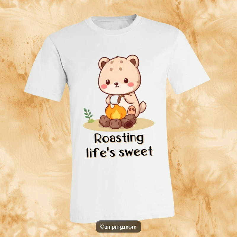 Funny kawaii camping animal t-shirt: a cute creature roasting a marshmallow over a tiny campfire.