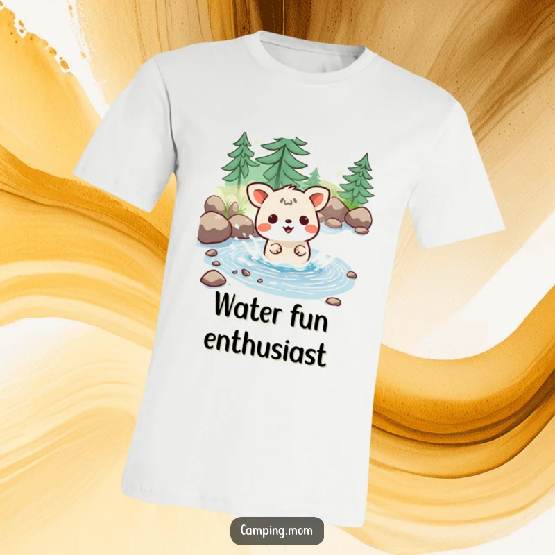 Funny t-shirt showcasing a kawaii camping animal having immense fun splashing joyously in a small, clear stream.