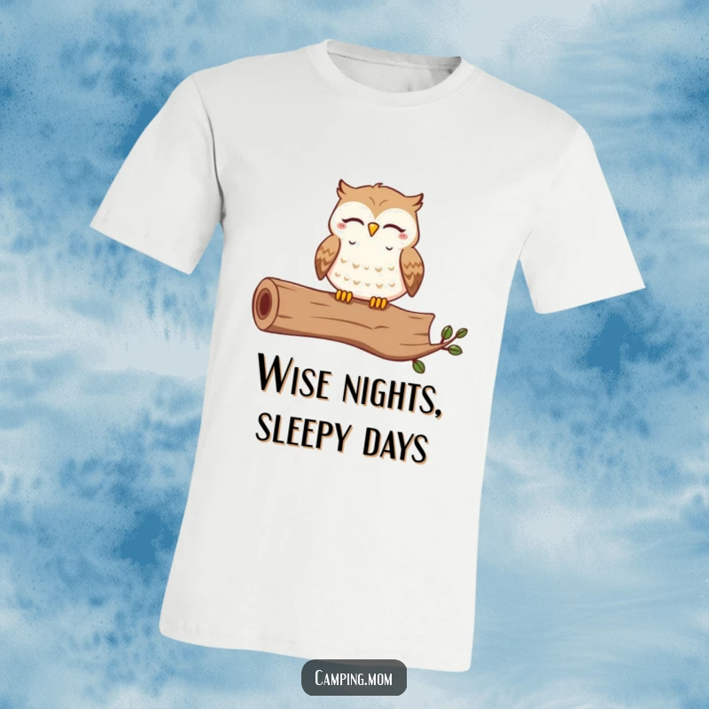 Funny t-shirt showcasing a contented owl with closed eyes, joyfully hooting while perched on a log, spreading peaceful vibes.