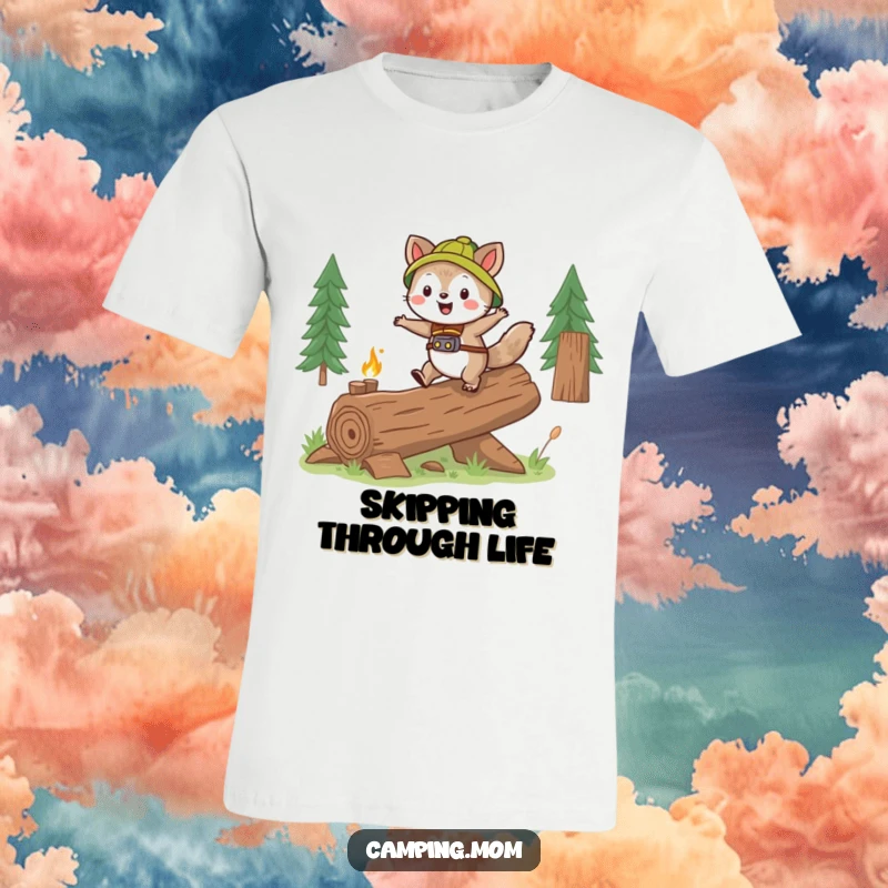 Funny camping animal character gleefully skipping over a log, printed on a fun and vibrant t-shirt.