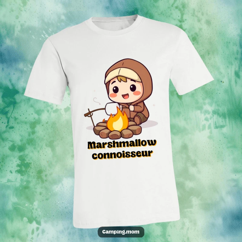 Funny t-shirt depicting a happy camping character with a big smile, roasting a marshmallow over a blazing campfire.