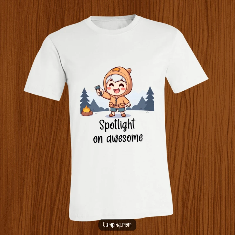 Funny t-shirt showing a happy camping character striking a heroic, dramatic pose, backlit by a powerful flashlight beam.