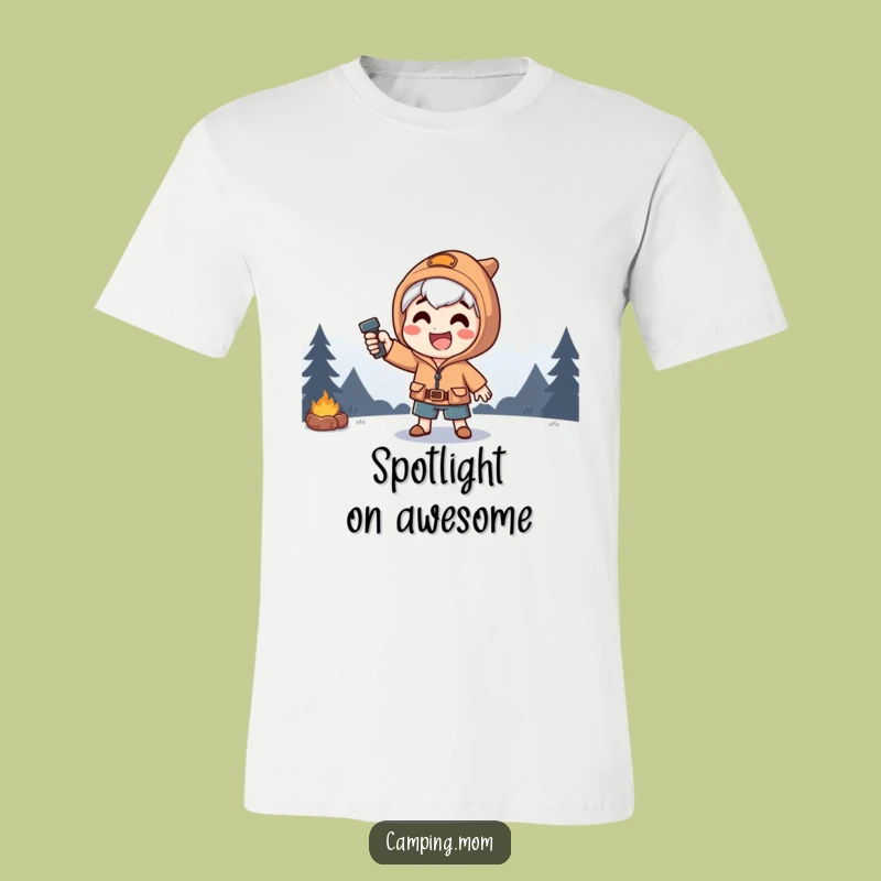 Funny Spotlight Camping T-Shirt: Happy Character In Dramatic Pose, The Ultimate Funny Gift.