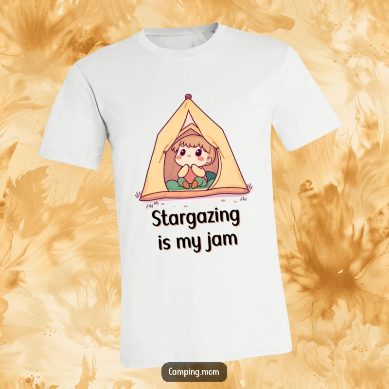 Funny t-shirt with a cute camping character in a tent, looking up at a vast, star-filled night sky with a sense of awe.
