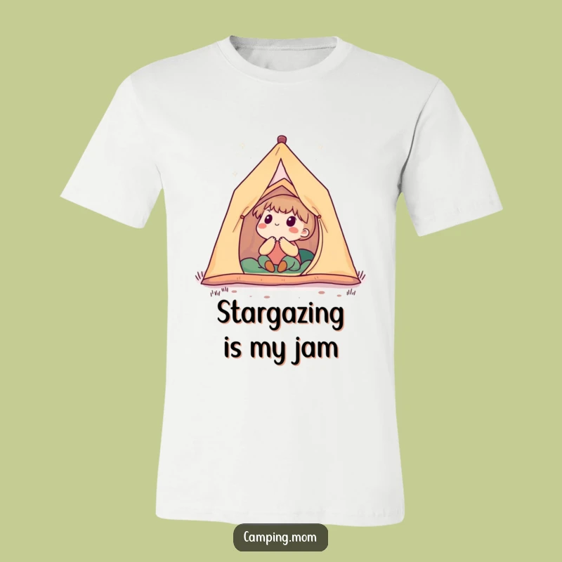 Funny Starry Night Camping T-Shirt: Cute Character Wondering At The Cosmos, A Hilarious Funny Gift.