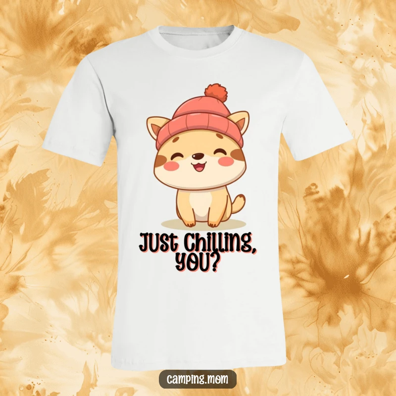 Funny camping animal character sporting a beanie and a wide smile, printed on a t-shirt for outdoor humor.