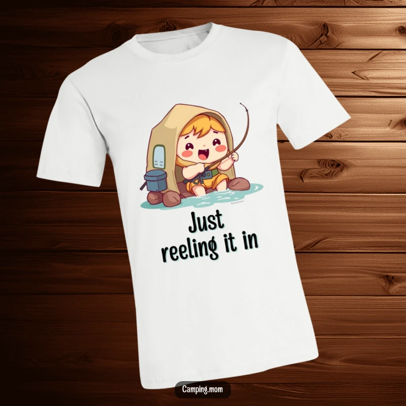 Funny T-Shirt: Kawaii camping character fishing with a hopeful, excited face, ready for outdoor fun.