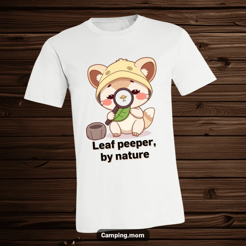 Funny camping mom animal holding a magnifying glass, peering closely at a detailed leaf, perfect for outdoor exploration.