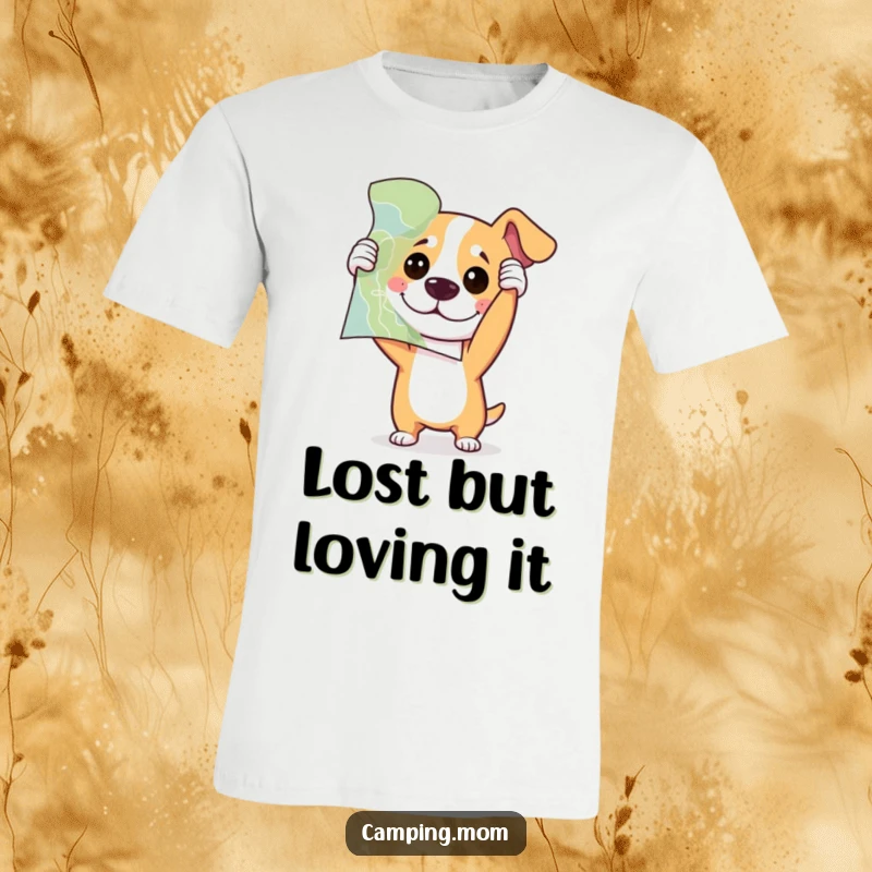 Funny dog holding a map upside down with playful confusion, printed on a humorous t-shirt.