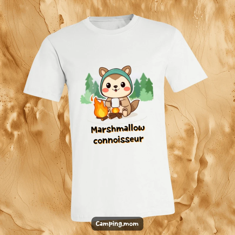 Funny camping animal character proudly displaying a campfire marshmallow, printed on a fun t-shirt.