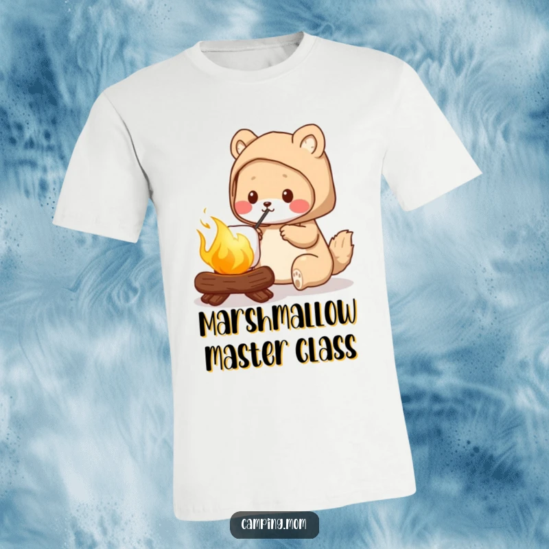 Funny camping mom t-shirt, expertly roasting a perfectly golden marshmallow, celebrating outdoor fun and mom's adventures.