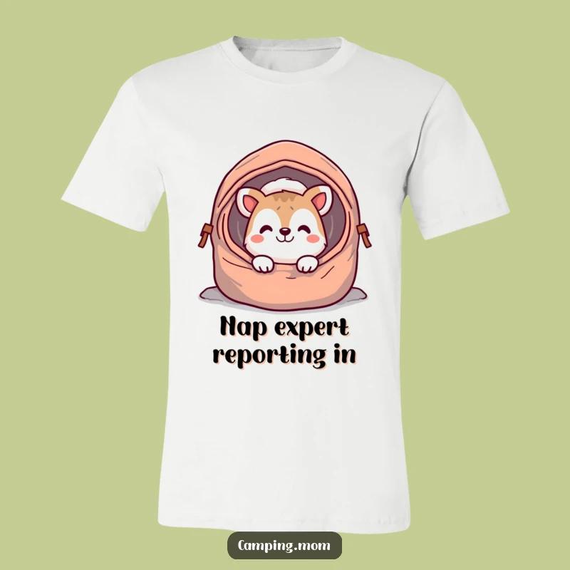 Funny Cheerful Animal T-Shirt: Sleeping Bag Grin & Camp Adventure Tee