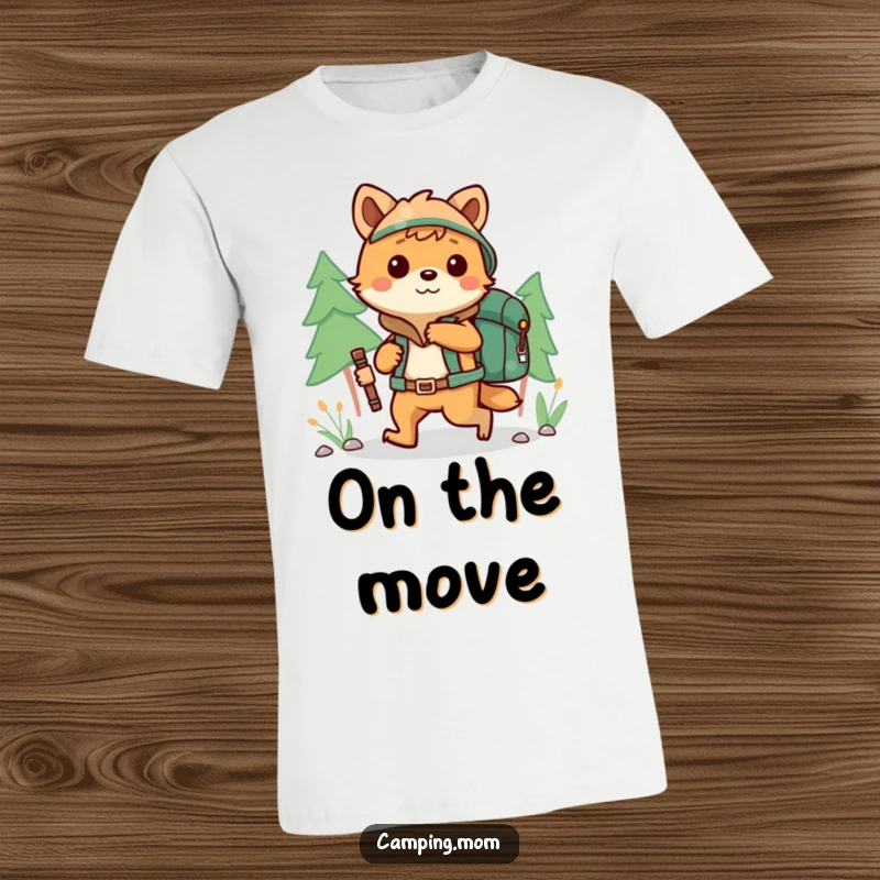 Funny camping animal character hiking playfully with a backpack, printed on a comfortable t-shirt.