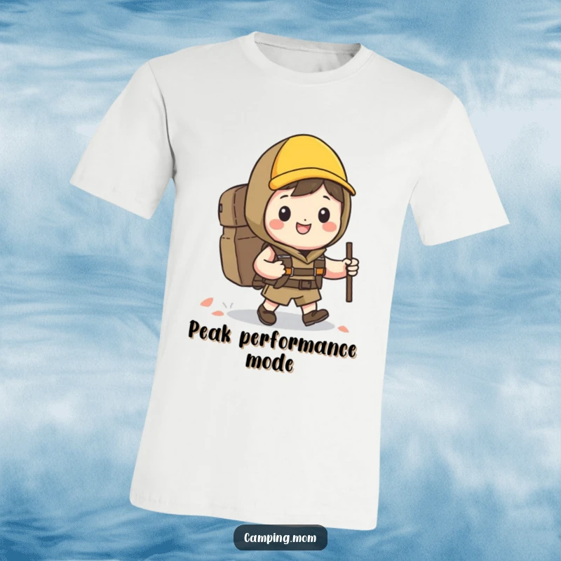 Funny Kawaii hiking t-shirt featuring a happy character with a backpack and grin, ready for a fun trek.