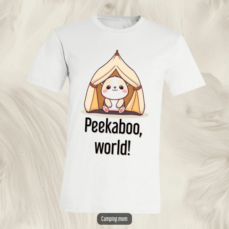 Funny t-shirt with a kawaii camping animal joyfully peeking out from a tiny tent, capturing a moment of pure delight.
