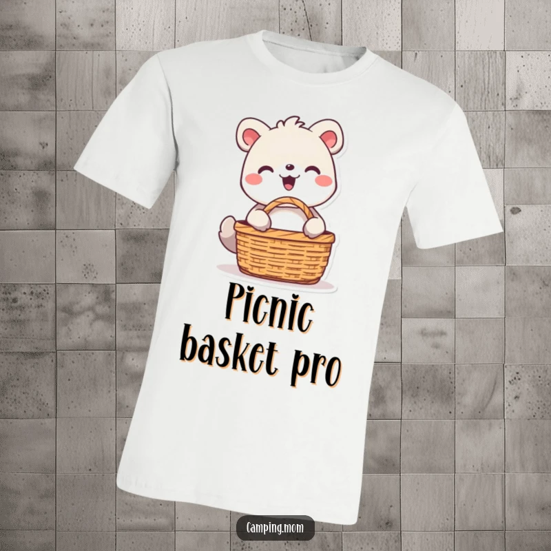 Funny animal character with a beaming smile, unpacking a picnic basket in a picturesque outdoor setting, printed on a humorous t-shirt.