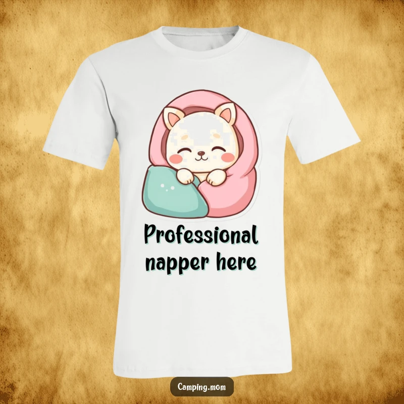 Funny animal character blissfully sleeping in a cozy sleeping bag on a comfortable t-shirt.