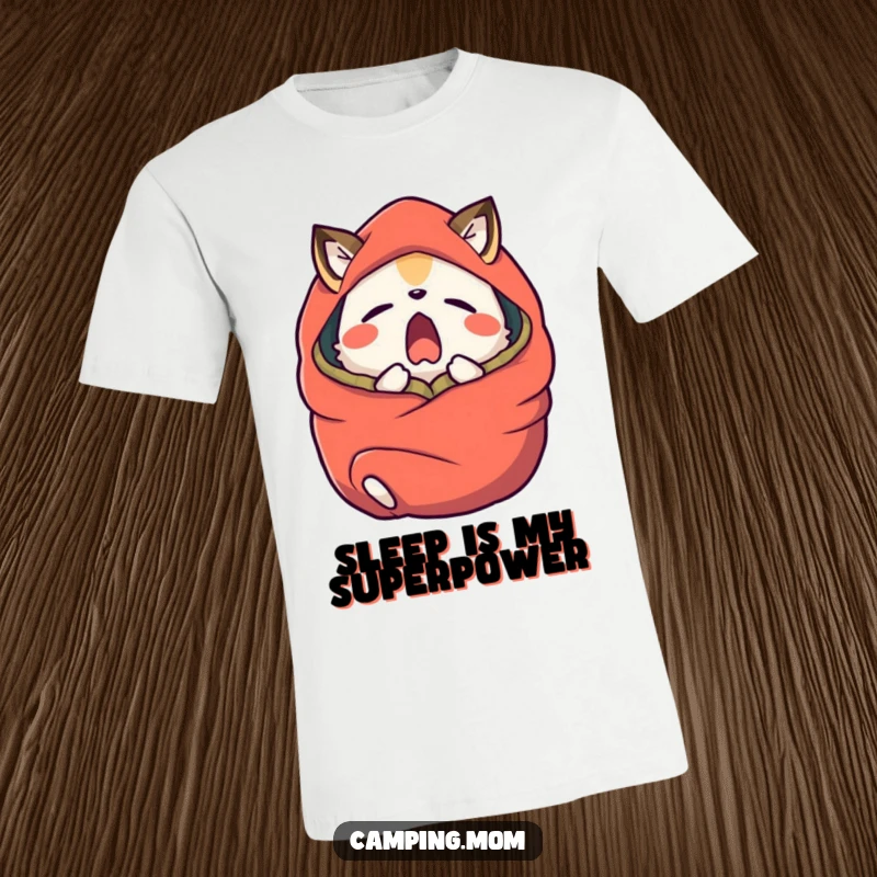 Funny camping animal character yawning widely, wrapped in a sleeping bag, printed on a comfortable t-shirt.