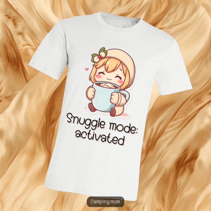 Funny t-shirt displaying a charming character enjoying a warm mug of hot cocoa, embodying ultimate coziness. Ideal funny gift for comfort lovers.