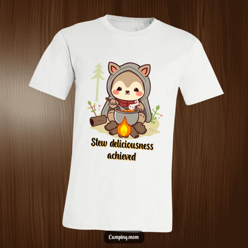 Funny camping mom animal character t-shirt depicts a happy mom cooking stew over a campfire, a foodie delight.