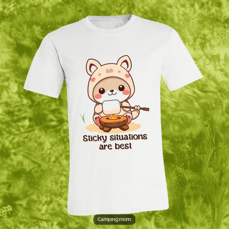 Funny kawaii camping animal character focused intently as it roasts a marshmallow on a stick, looking utterly delightful and humorous.