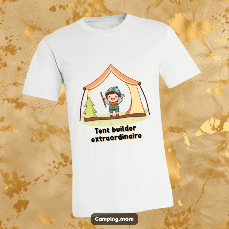 Funny t-shirt depicting a joyful camping character enthusiastically setting up a tent, hilariously challenged by oversized poles.