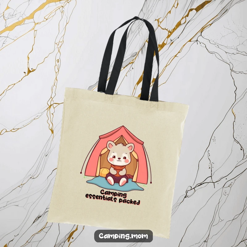 Funny camping mom animal character tote bag showing a happy mom setting up a colorful tent, great for gear.