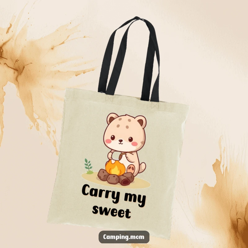 Funny kawaii camping animal tote bag featuring a cute creature roasting a marshmallow over a tiny campfire.