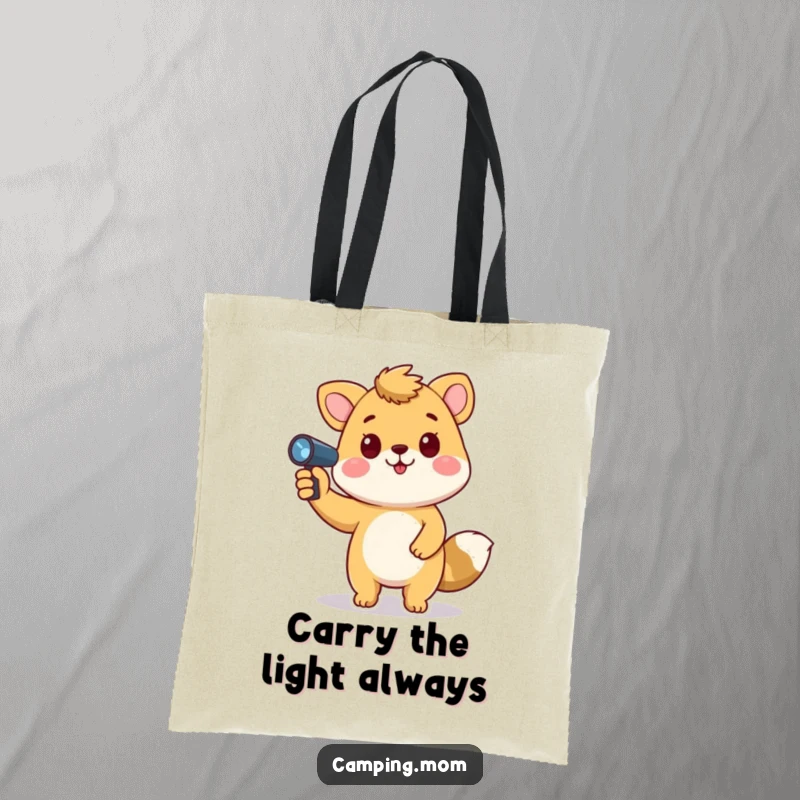 Funny animal tote bag featuring a playful character holding a flashlight, pointing upwards, a humorous carry-all.