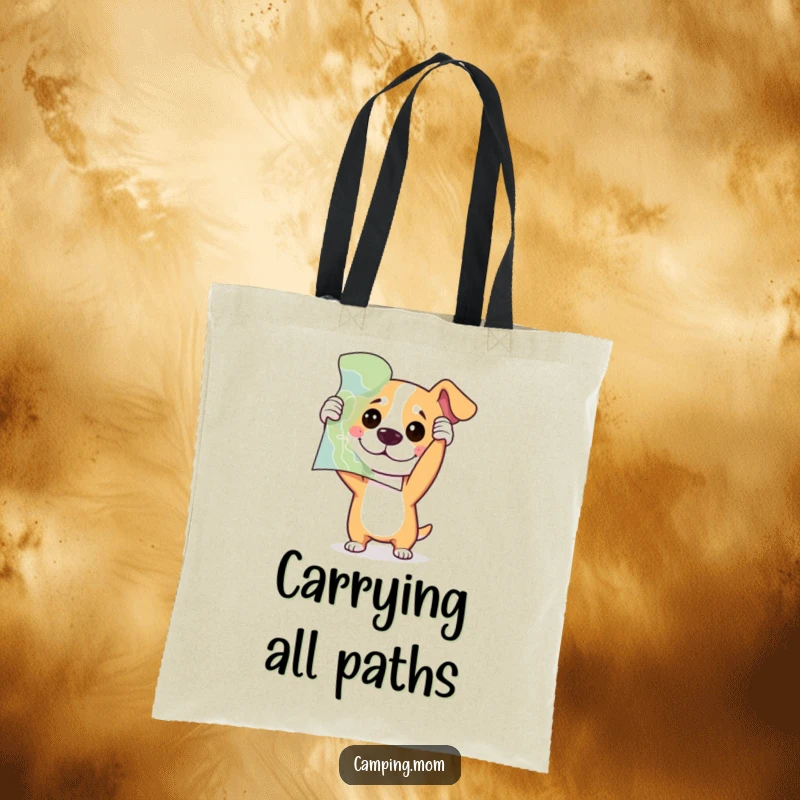 Funny dog holding a map upside down with playful confusion, featured on a durable canvas tote bag.