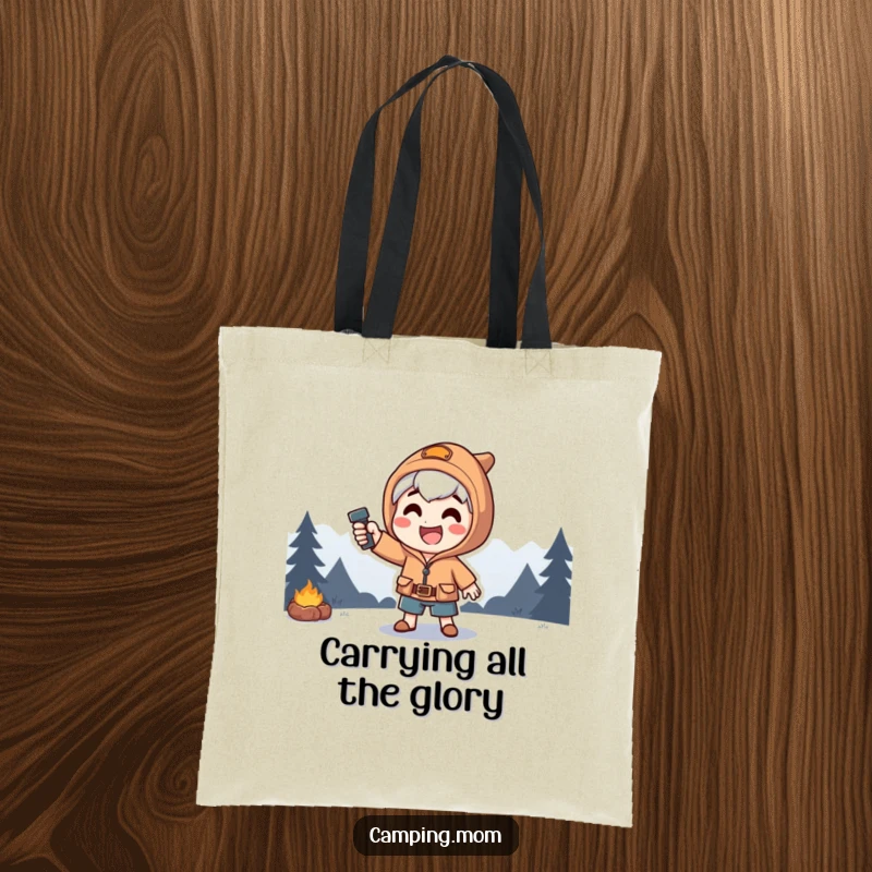 Funny tote bag showing a happy camping character striking a bold, dramatic pose, illuminated by a bright flashlight beam.