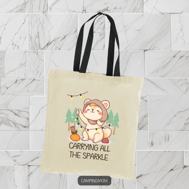 Funny camping mom tote bag, an animal mom energetically setting up a string of fairy lights, perfect for carrying gear.