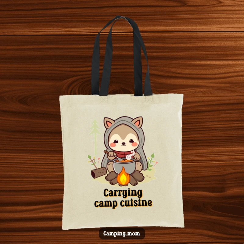 Funny camping mom animal character tote bag showing a happy mom stirring stew over a campfire, ideal for gear.