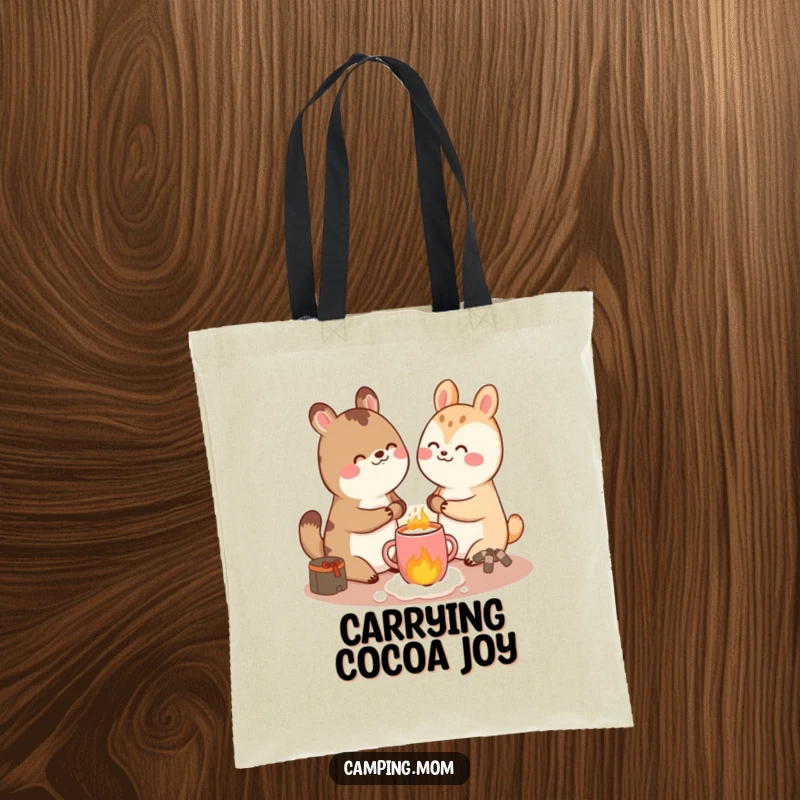 Funny giggling animal character happily holding a cup of hot cocoa, ready to go, depicted on a durable tote bag.