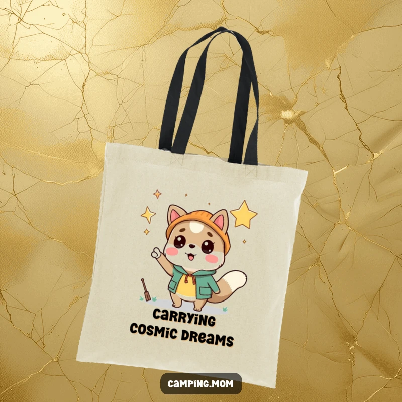 Funny camping animal character pointing at a beautiful starry sky, printed on a durable tote bag for carrying items with inspiration.